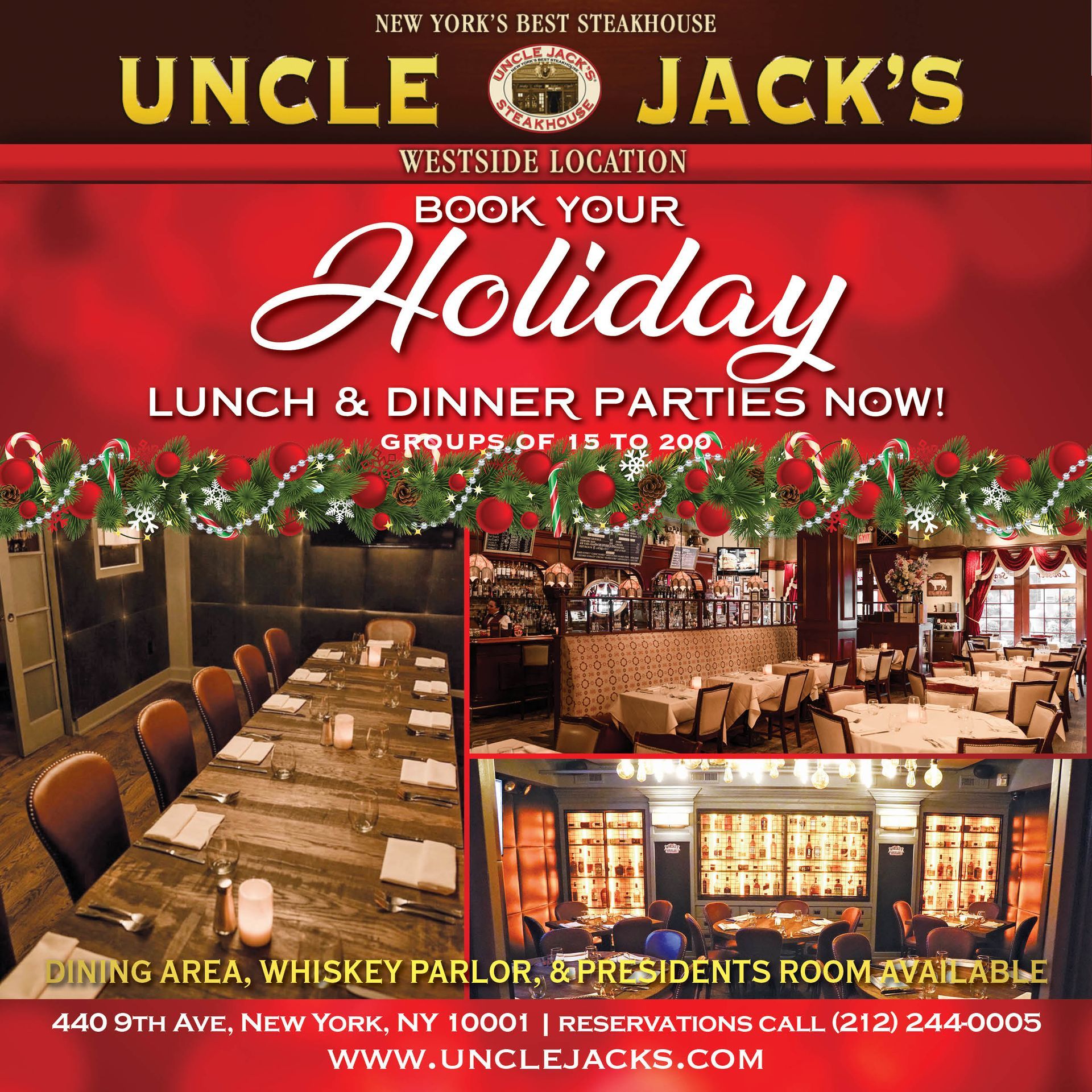 Uncle Jack's steakhouse holiday party advertisement. Offers lunch & dinner parties, with dining area, whiskey parlor, and presidents room.