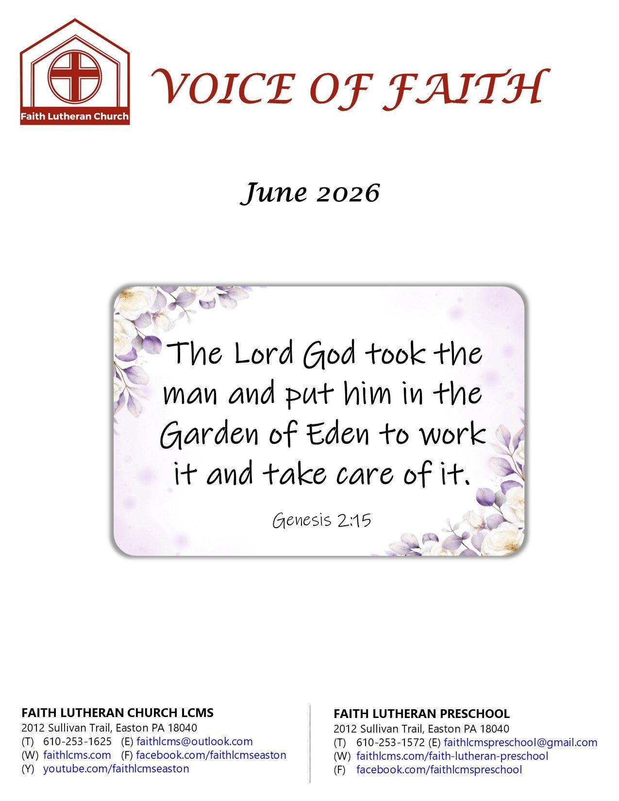 April 2021 Voice of Faith newsletter from Faith Lutheran Church, featuring an image of the empty tomb and empty crosses.