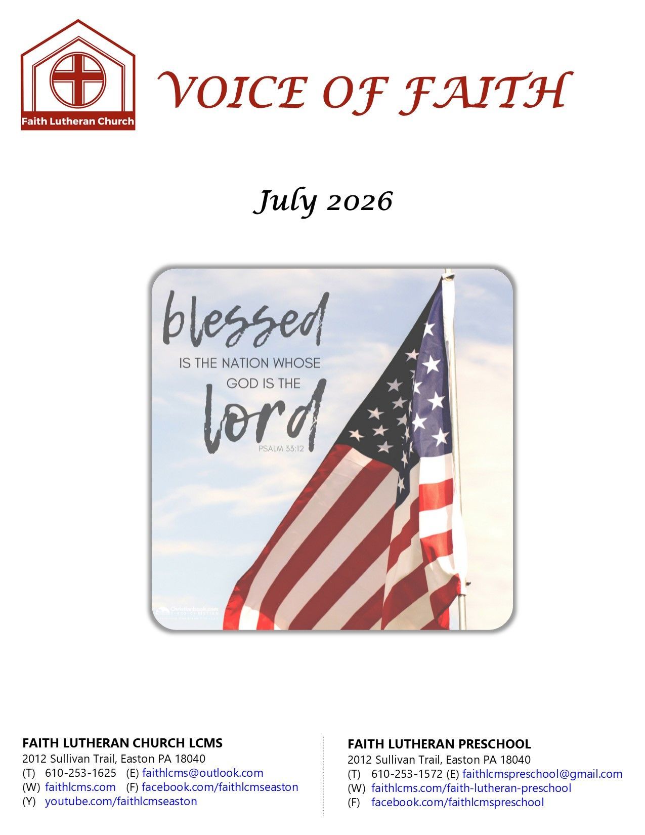 April 2021 Voice of Faith newsletter from Faith Lutheran Church, featuring an image of the empty tomb and empty crosses.