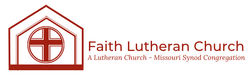 Logo for Faith Lutheran Church, featuring a stylized house icon with a red cross inside a circle, in maroon text.
