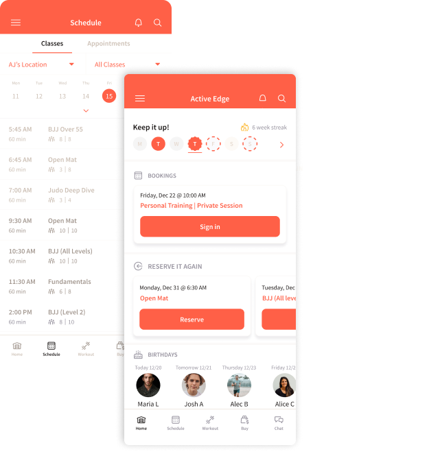 Mobile interface showing a gym booking app with a schedule view and an active session dashboard in orange and white.