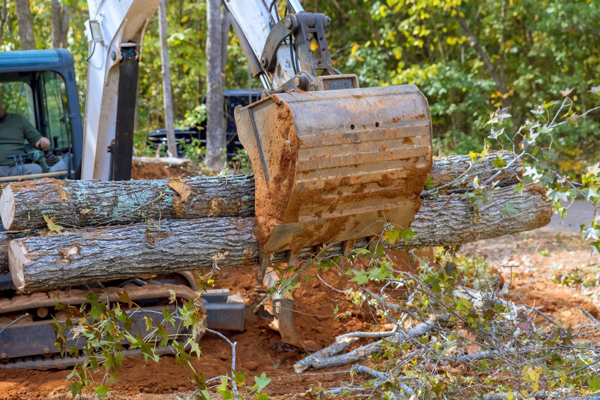 A bulldozer is carrying a pile of logs in the dirt.