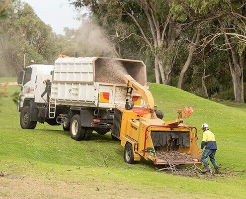 A man is working on a tree chipper next to a dump truck.