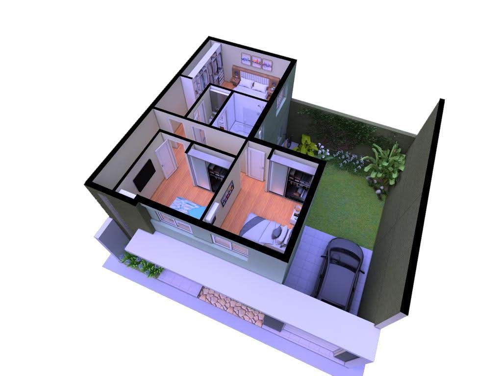 Representación 3D de una casa de dos pisos con patio trasero, entrada y un automóvil.