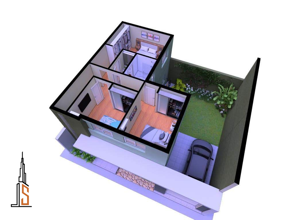 Representación 3D de una casa de dos pisos con patio trasero, entrada y un automóvil.