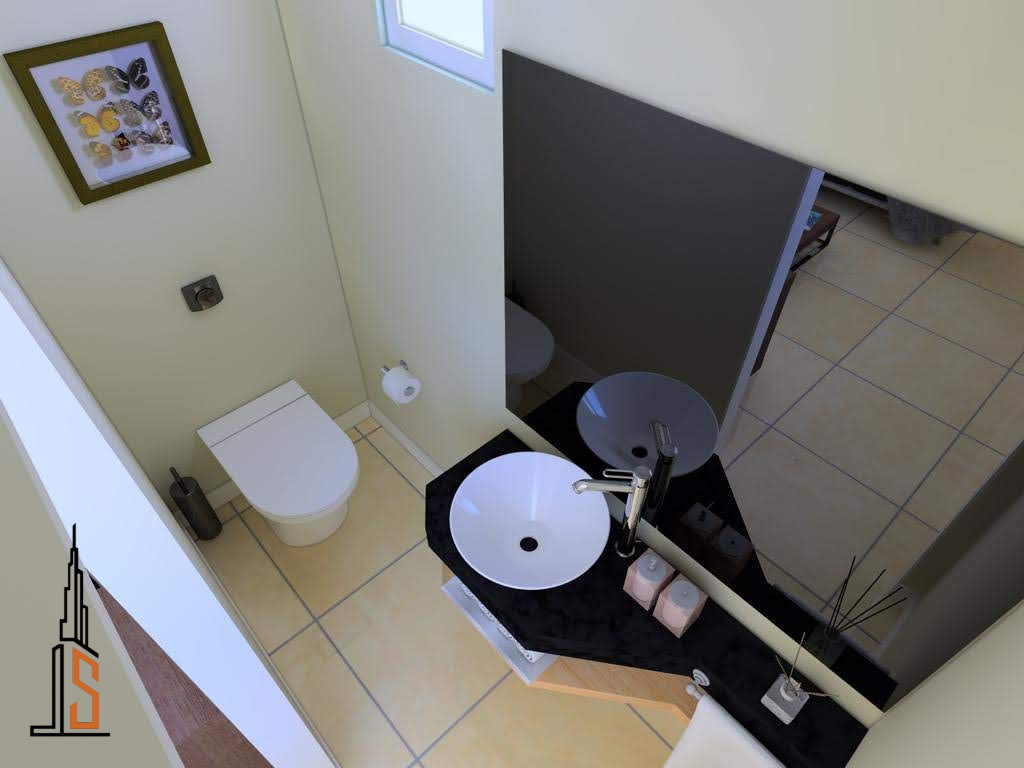 Baño con inodoro blanco, lavabo, espejo y una pequeña ventana.