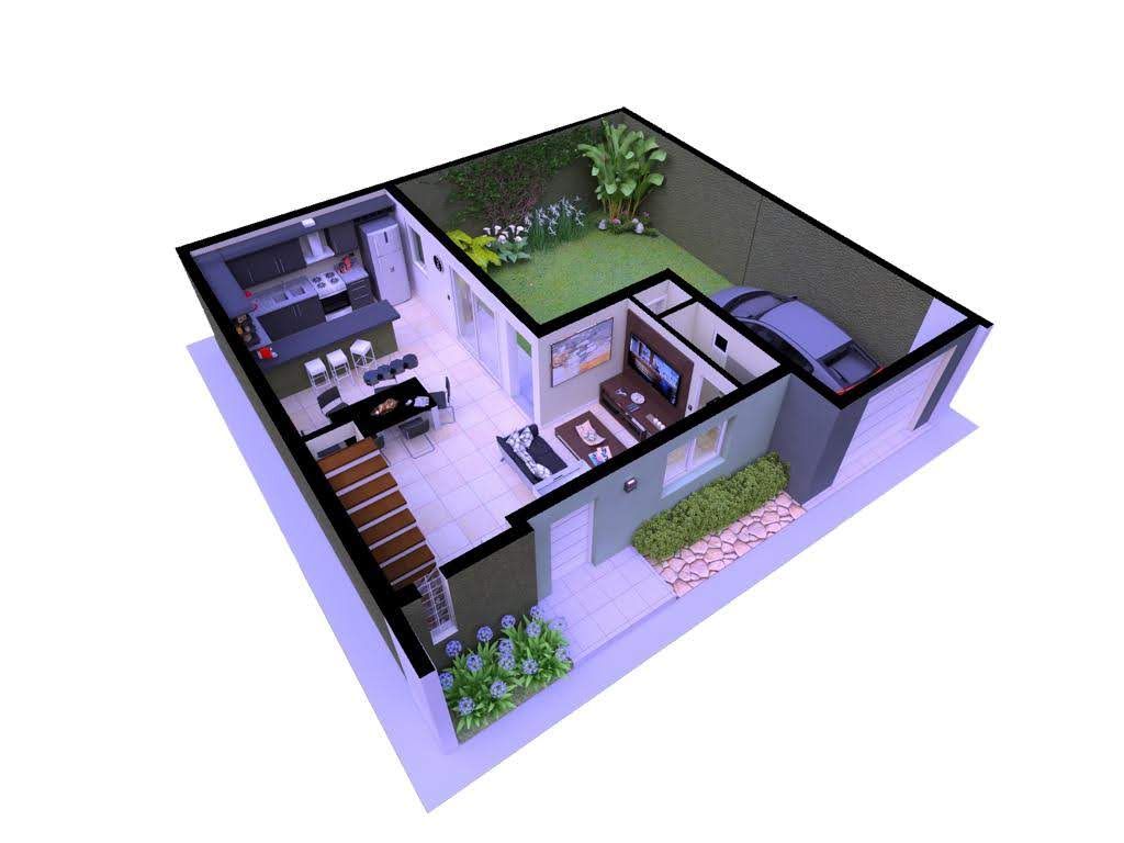 Vista isométrica de una casa moderna, que muestra la distribución interior y exterior con garaje y un pequeño patio trasero.