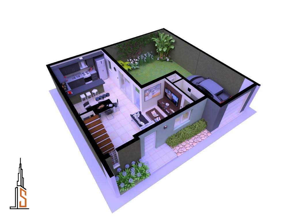 Vista isométrica de una casa moderna, que muestra la distribución interior y exterior con garaje y un pequeño patio trasero.