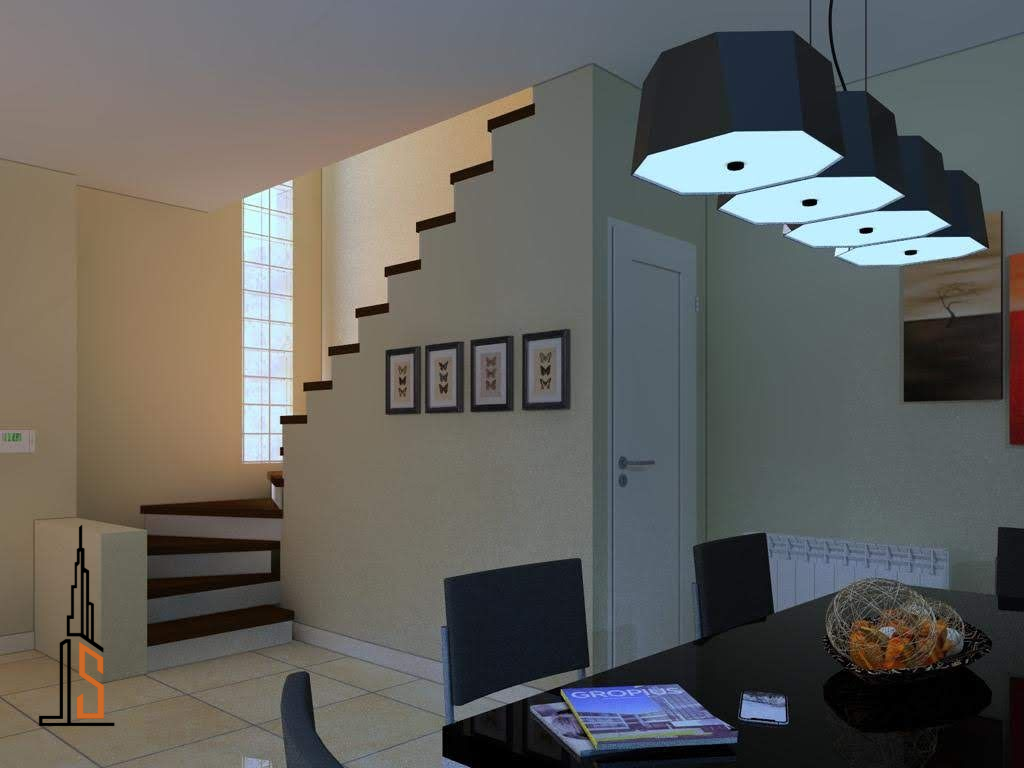 Interior con escalera, comedor e iluminación decorativa. Predominan los colores neutros.