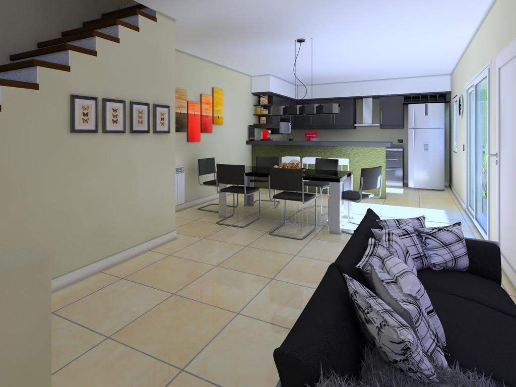Interior con cocina, comedor y sala de estar; sofá, mesa y sillas negras; paredes beige y piso de baldosas.