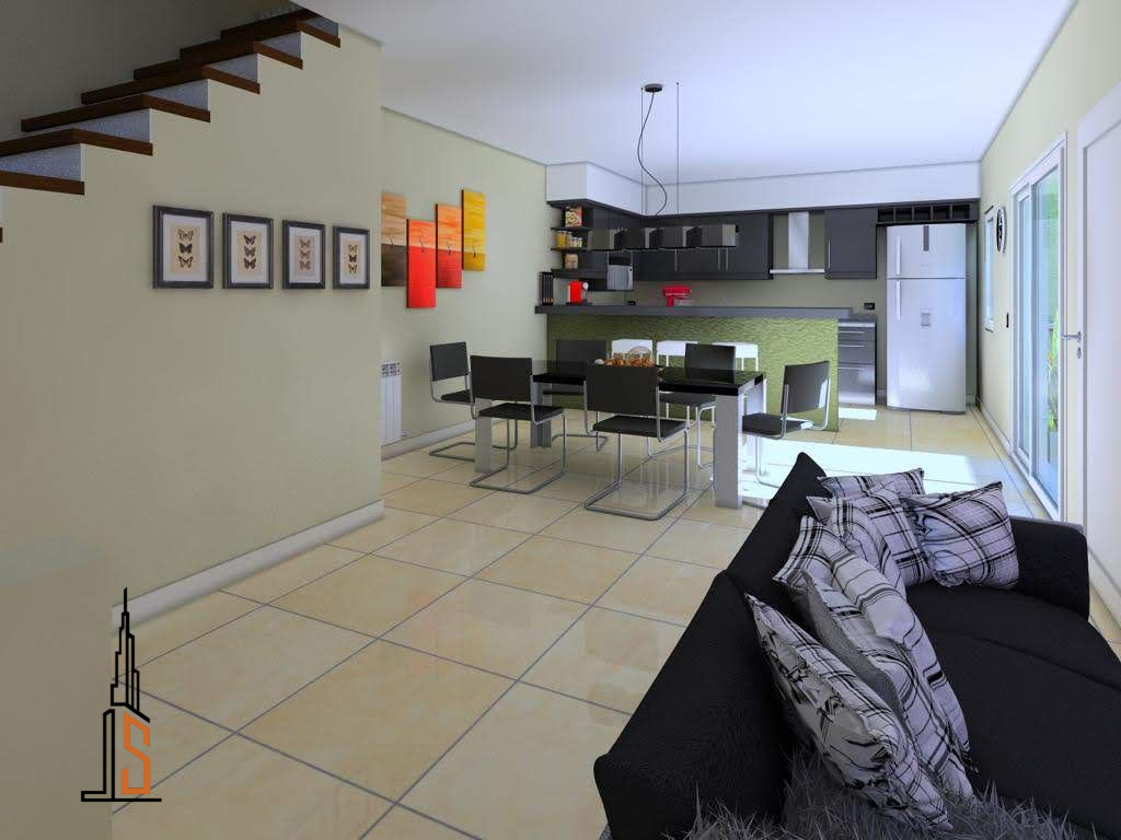 Interior con cocina, comedor y sala de estar; sofá, mesa y sillas negras; paredes beige y piso de baldosas.