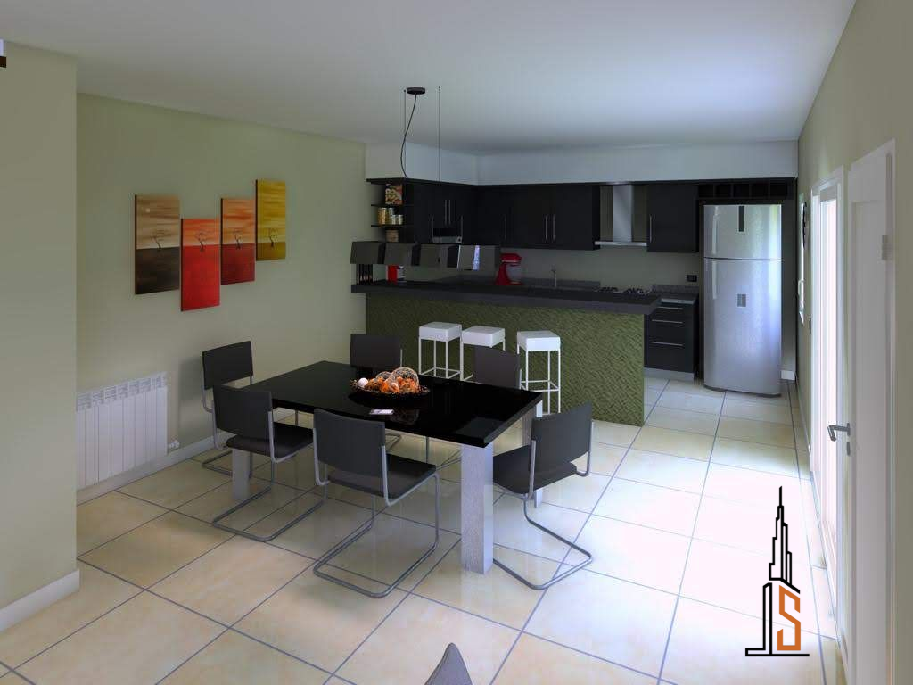 Comedor con mesa y sillas negras, contiguo a una cocina con gabinetes oscuros y refrigerador.