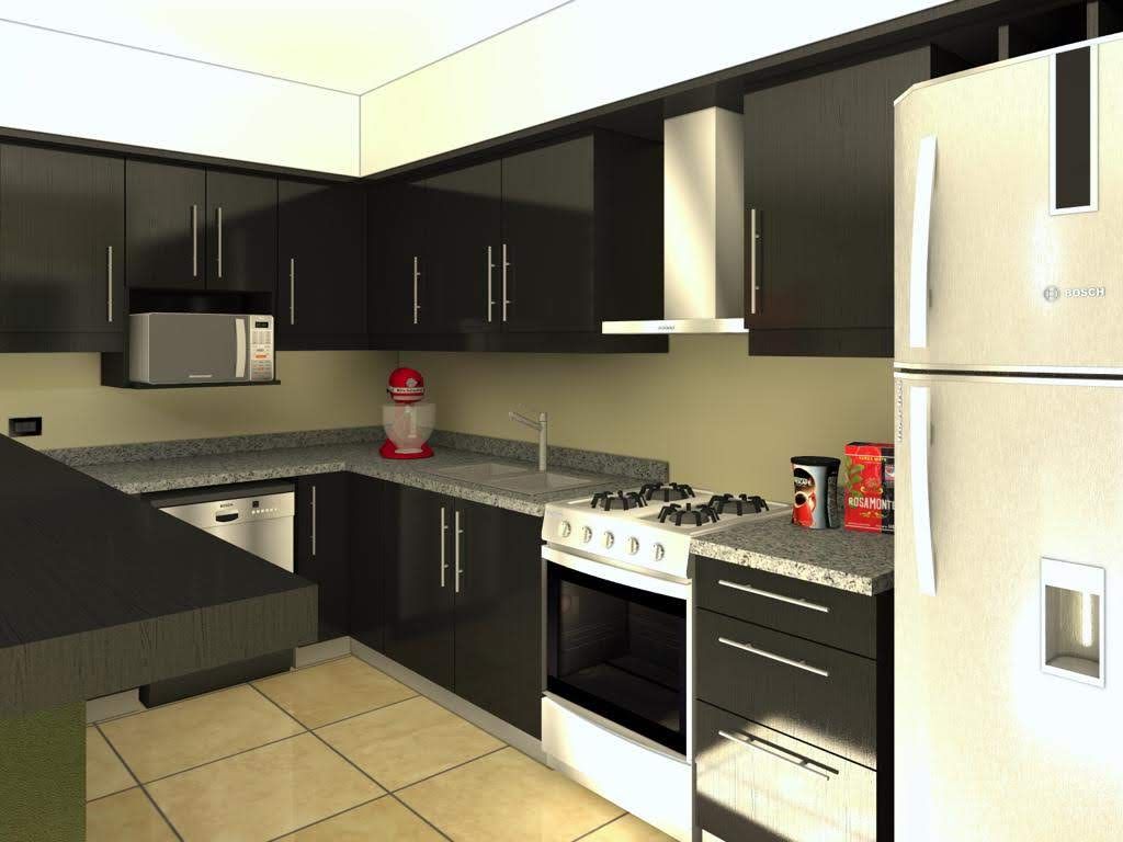 Cocina moderna con gabinetes negros, electrodomésticos blancos y encimeras grises.