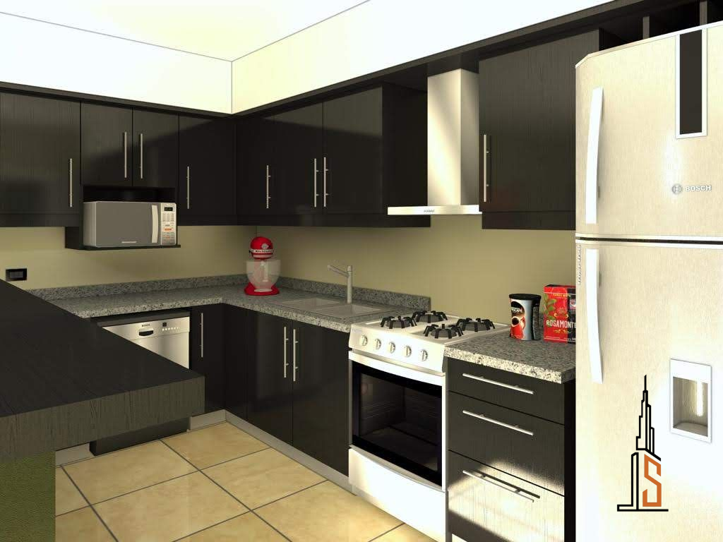 Cocina moderna con gabinetes negros, electrodomésticos blancos y encimeras grises.