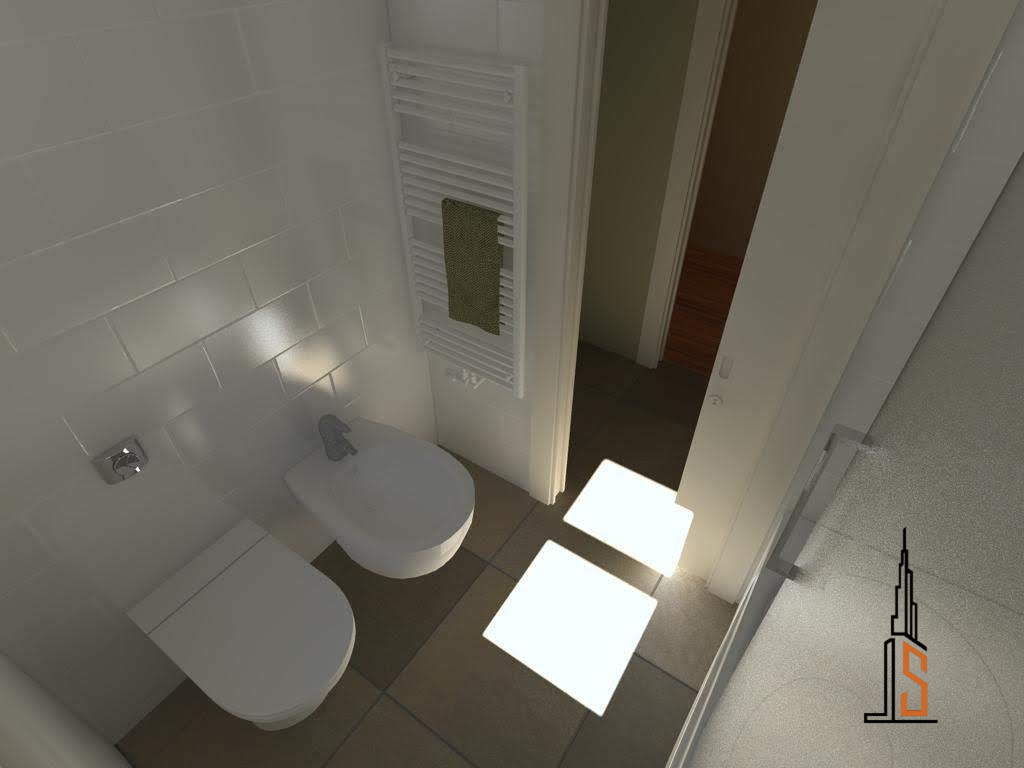 Baño luminoso con inodoro, bidé y radiador. La luz del sol entra a raudales por una puerta.