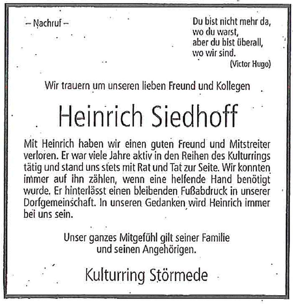 Nachruf Heinrich Siedhoff
