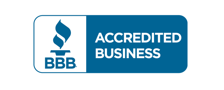 The bbb logo is blue and white and says accredited business.