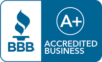 The bbb accredited business logo is blue and white.