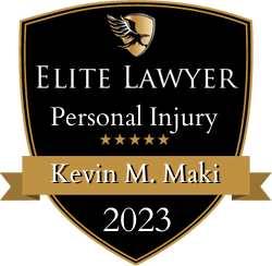 A badge that says elite lawyer personal injury kevin m. maki 2023