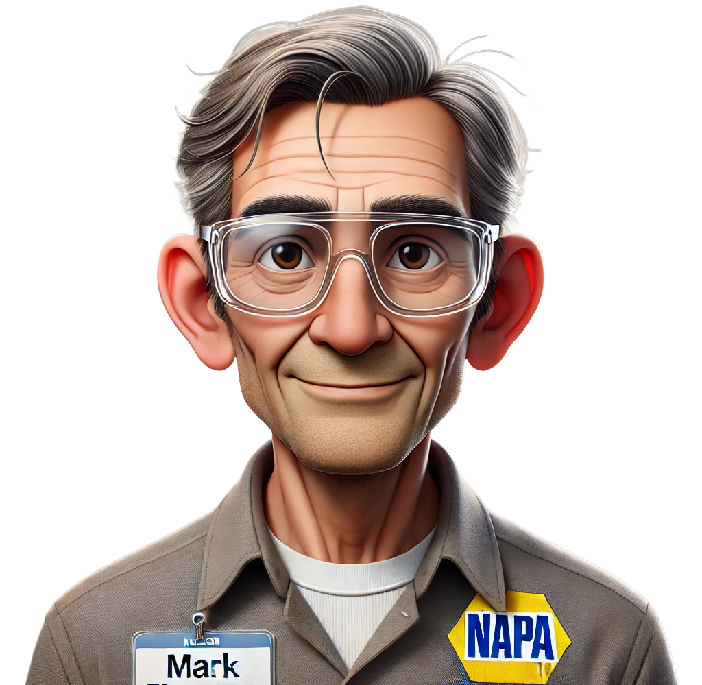 A man wearing glasses and a napa auto parts shirt