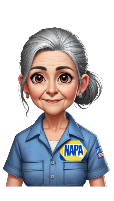 A cartoon illustration of an older woman wearing a napa auto parts uniform.