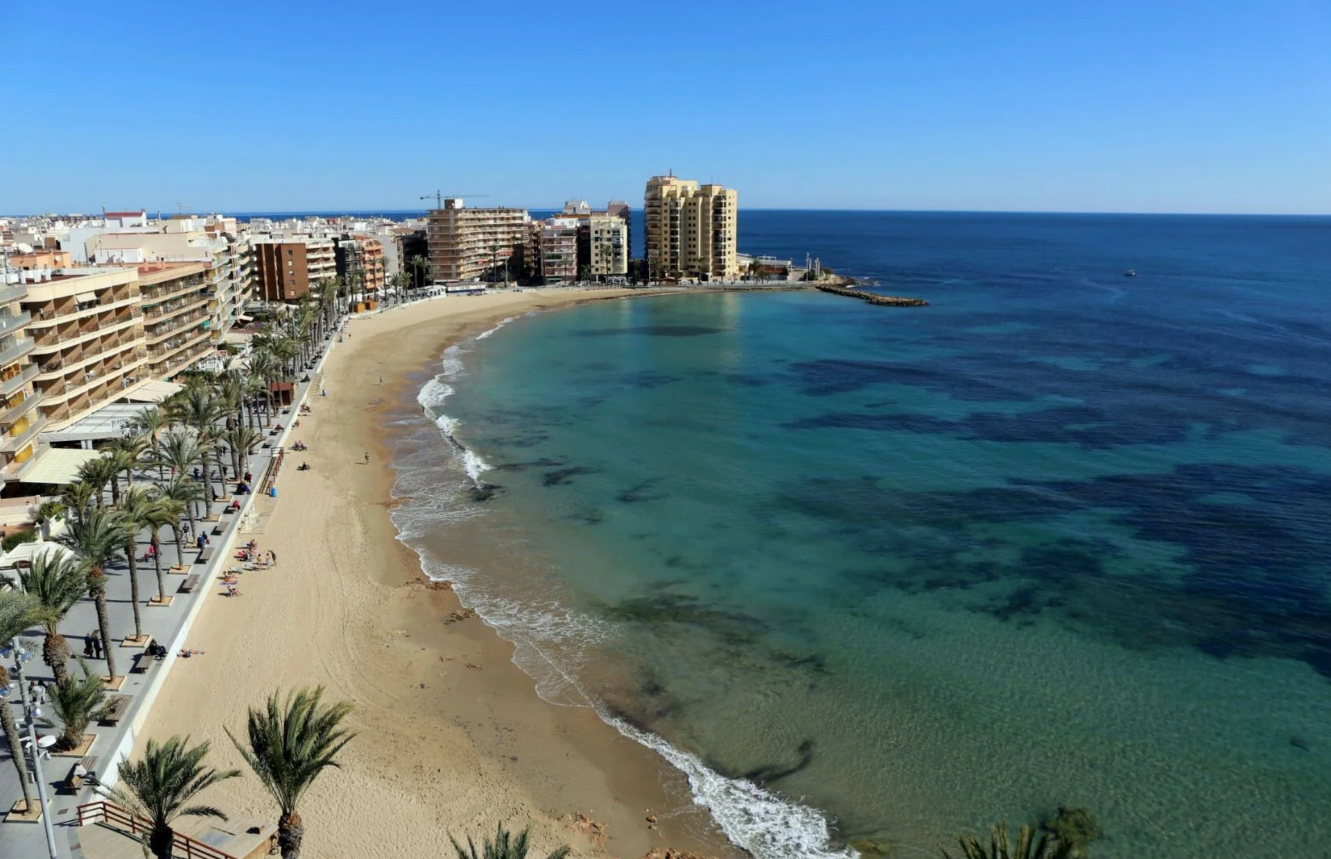 Beach with buildings, palm trees, and turquoise water under a clear blue sky.