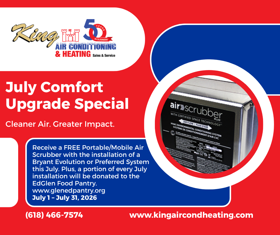 May Comfort Upgrade Special ad with Bryant air conditioner and red-blue promotional text, King Air Conditioning logo