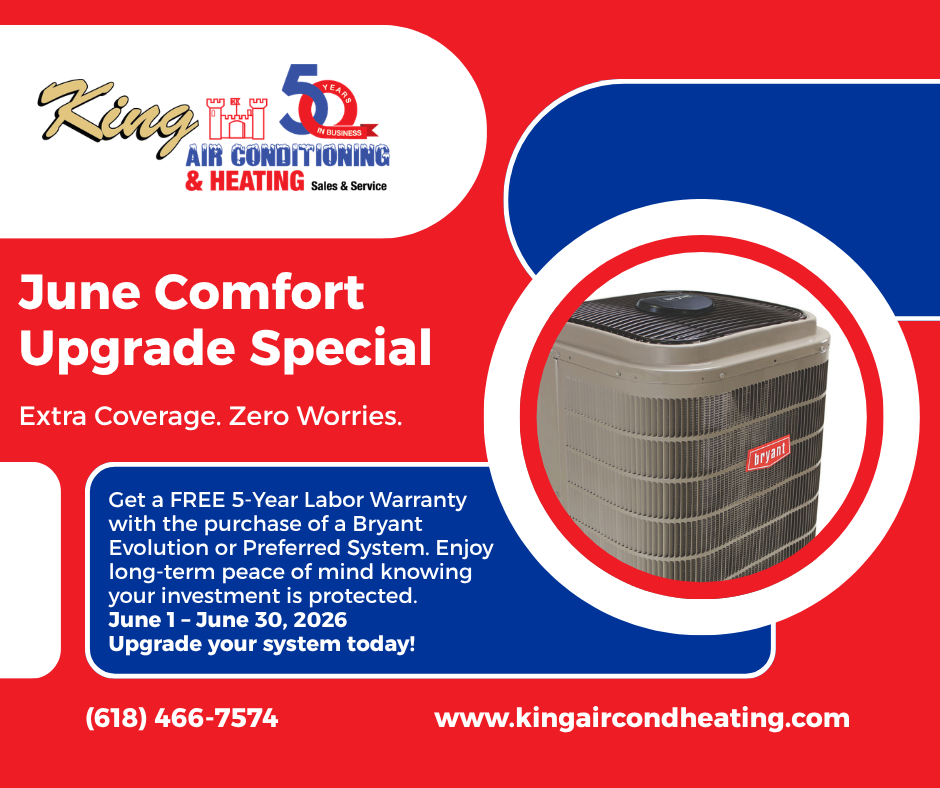 May Comfort Upgrade Special ad with Bryant air conditioner and red-blue promotional text, King Air Conditioning logo