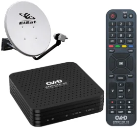 Open view decoder and remote control with satellite dish in background