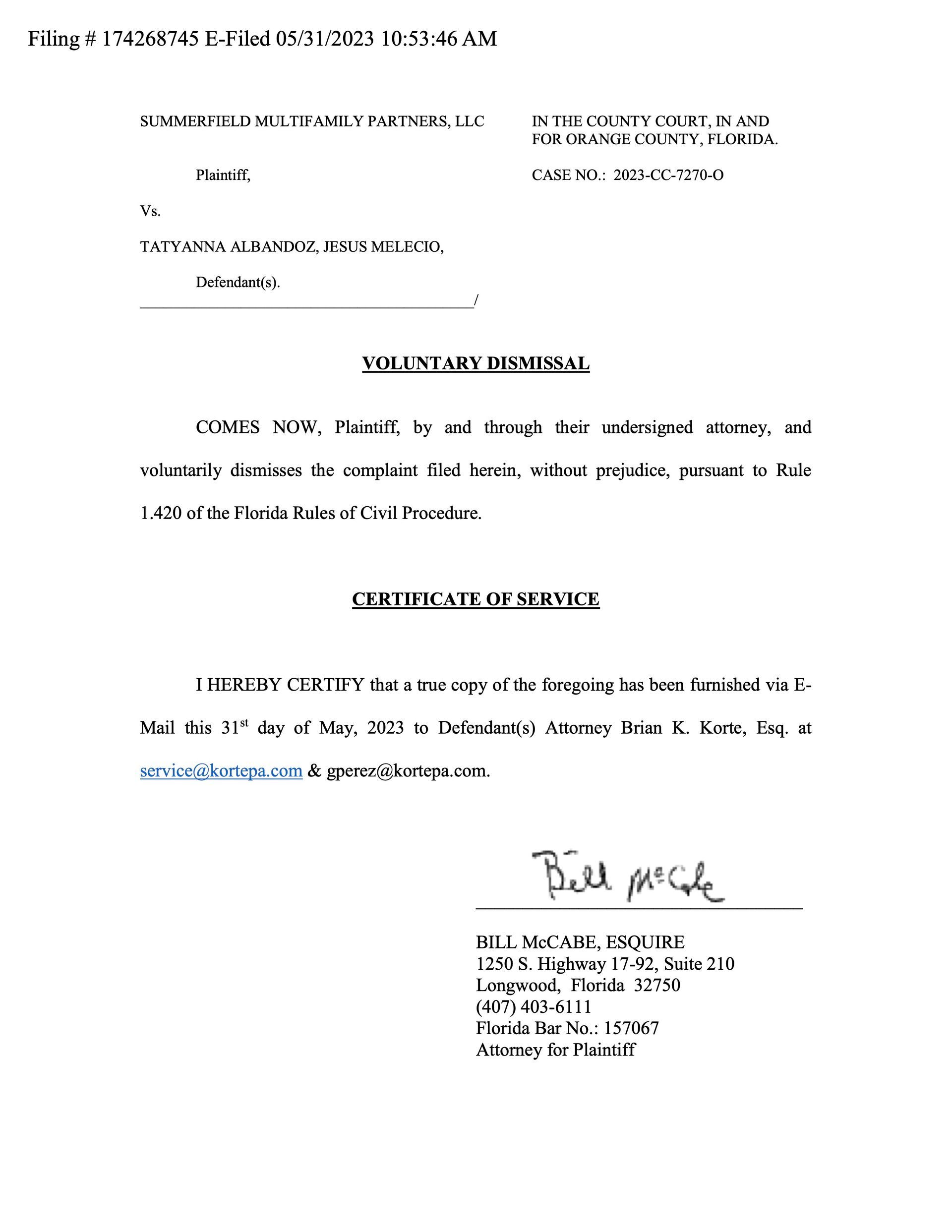 Florida eviction case concluded with voluntary dismissal with prejudice.