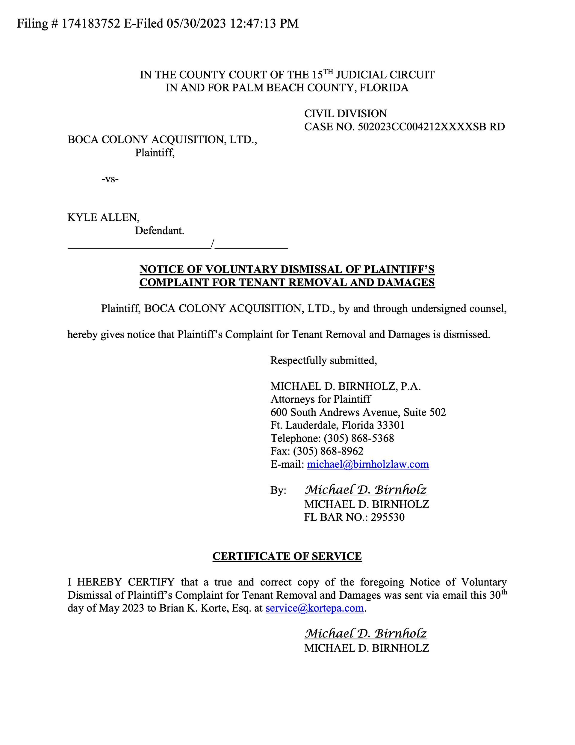 Eviction case dismissed with prejudice in Florida, ending legal battle.