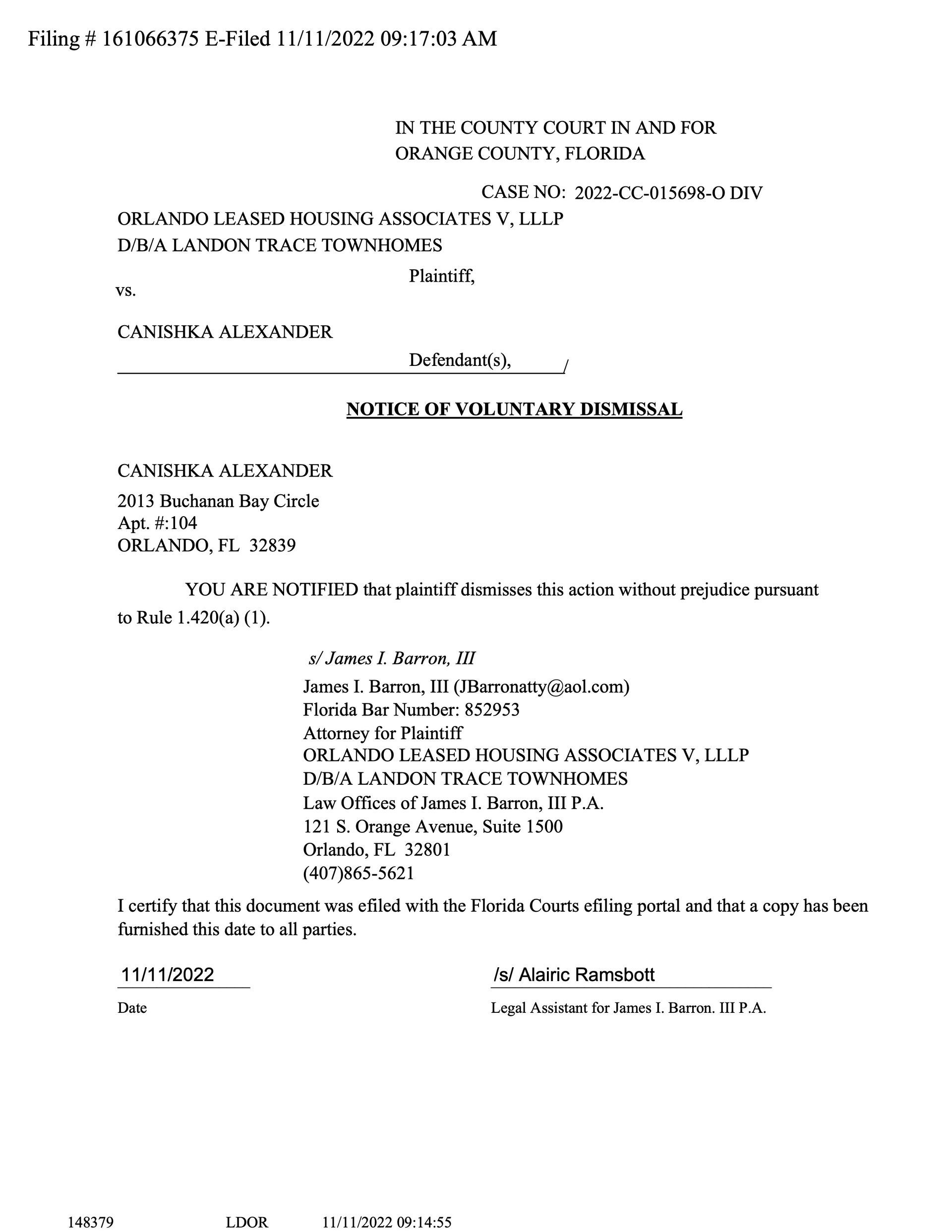 Voluntary dismissal in Orlando eviction case, Orange County.