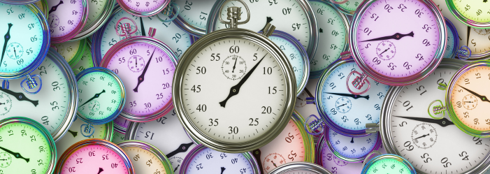 multiple different colored clock faces representing time running out