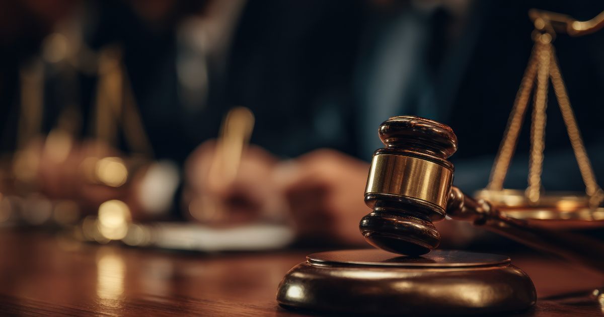 gavel and scale in the background, with peoples hands on a piece of paper with a pen in their hands