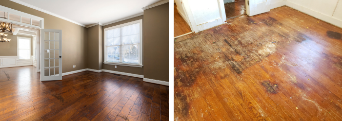 image on left showing minor scuffs on a wood floor, right side is major damage to a wood floor