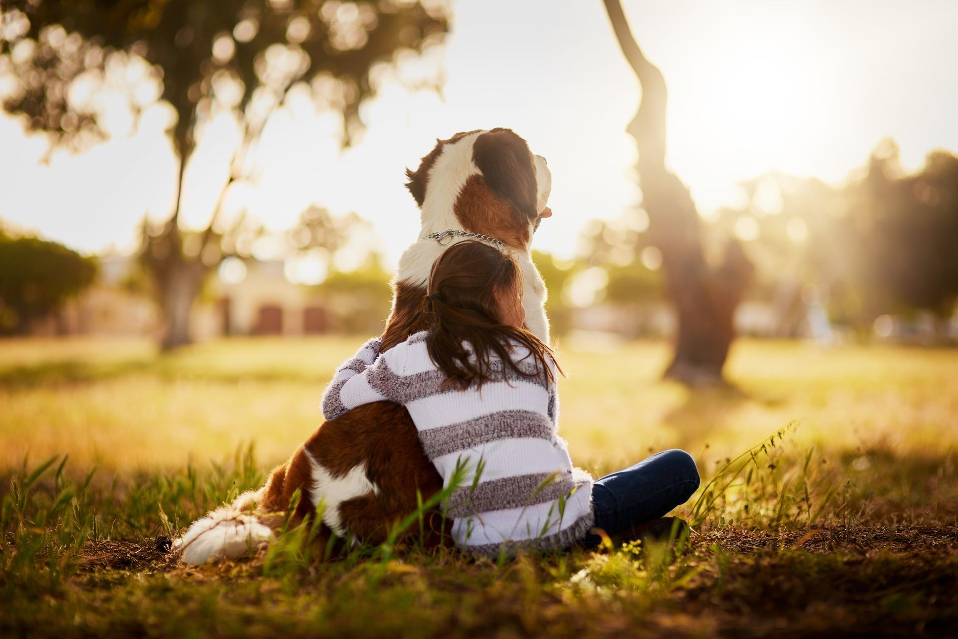 A little girl is hugging a man in a park.