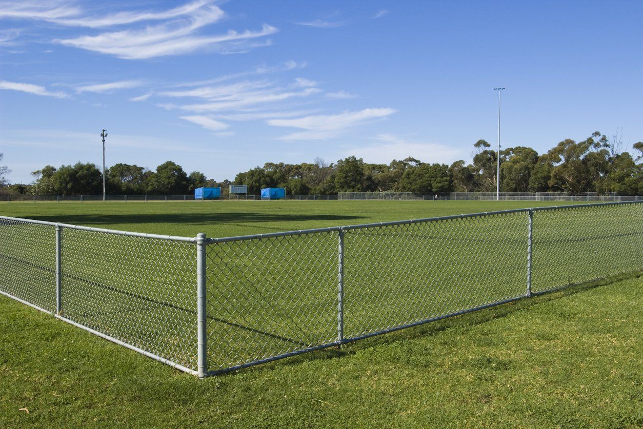 a chain link fence surrounds a lush green field .