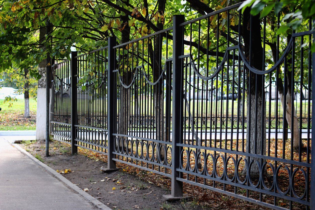 a wrought iron fence is surrounded by trees in a park .