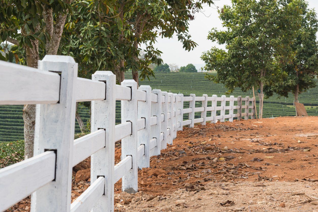a white fence along a dirt road with trees in the background .
