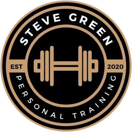 The logo for steve green personal training shows a dumbbell in a circle.