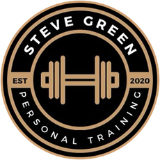 The logo for steve green personal training shows a dumbbell in a circle.