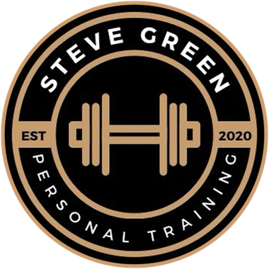 The logo for steve green personal training shows a dumbbell in a circle.