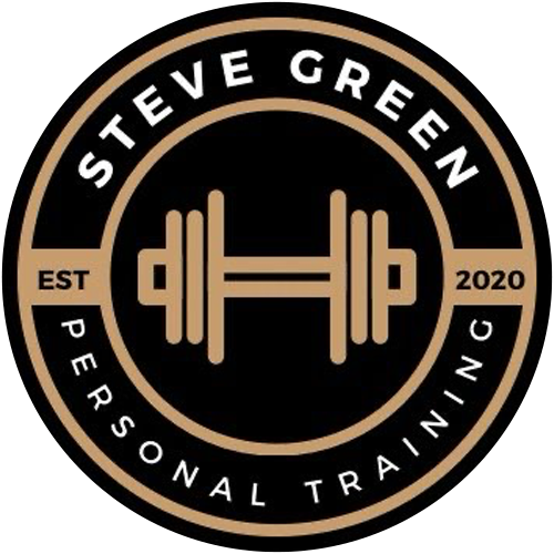 The logo for steve green personal training shows a dumbbell in a circle.