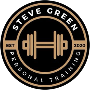 The logo for steve green personal training shows a dumbbell in a circle.