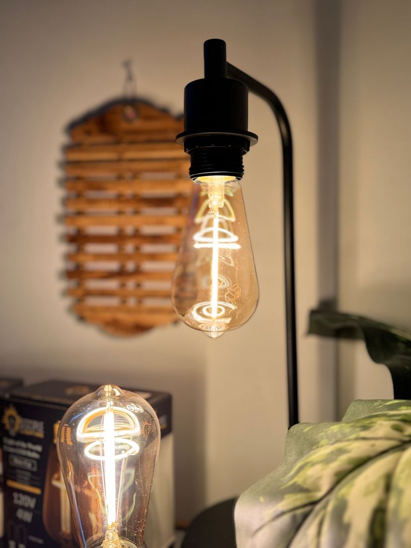 Black desk lamp with Edison bulb, foreground. Another bulb on the left. Wooden art and plant in background.