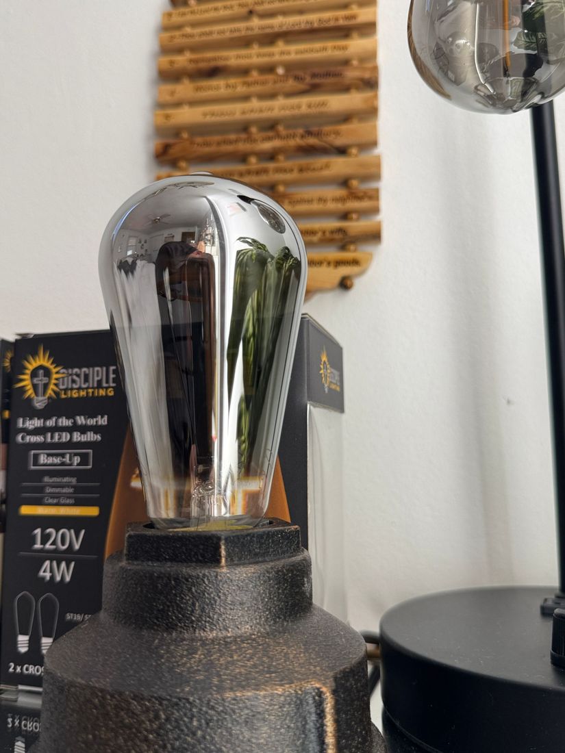 Chrome-colored Edison bulb in an industrial lamp base, reflecting the surrounding environment.