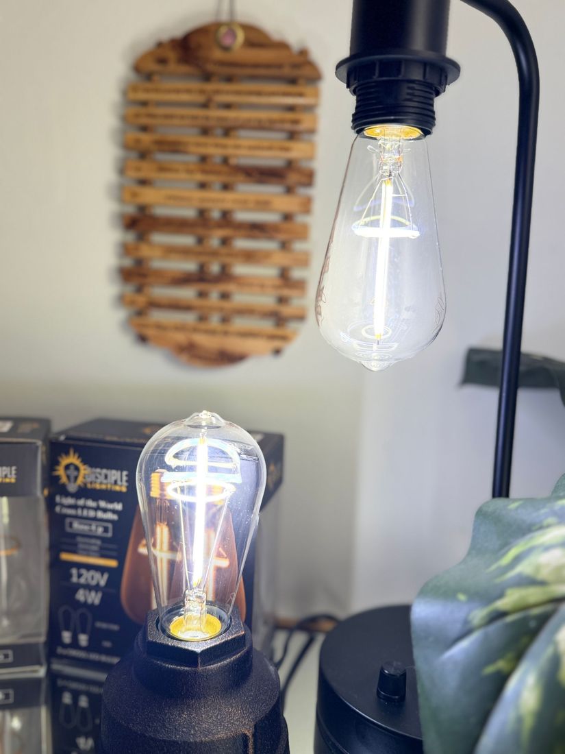 Two Edison style light bulbs, one lit in a black lamp, the other in a black base. Wooden wall decor in background.