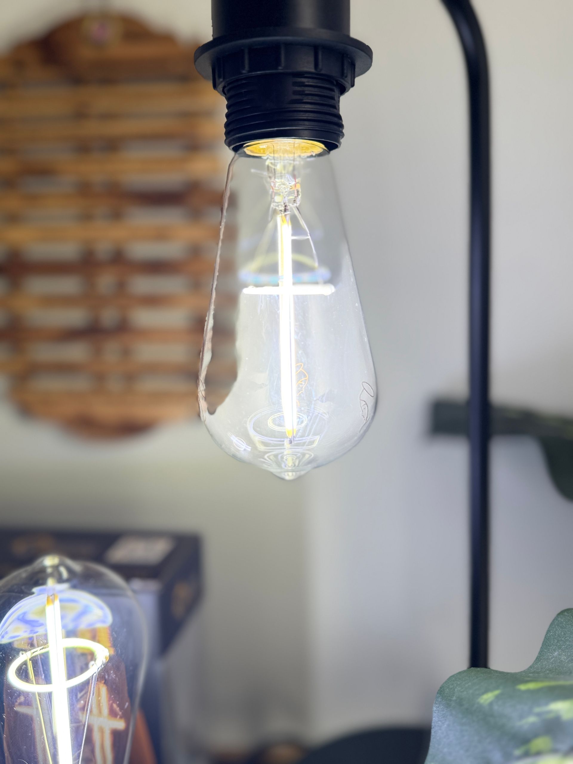 Lit Edison lightbulb in black socket, with an identical bulb in the blurred foreground.