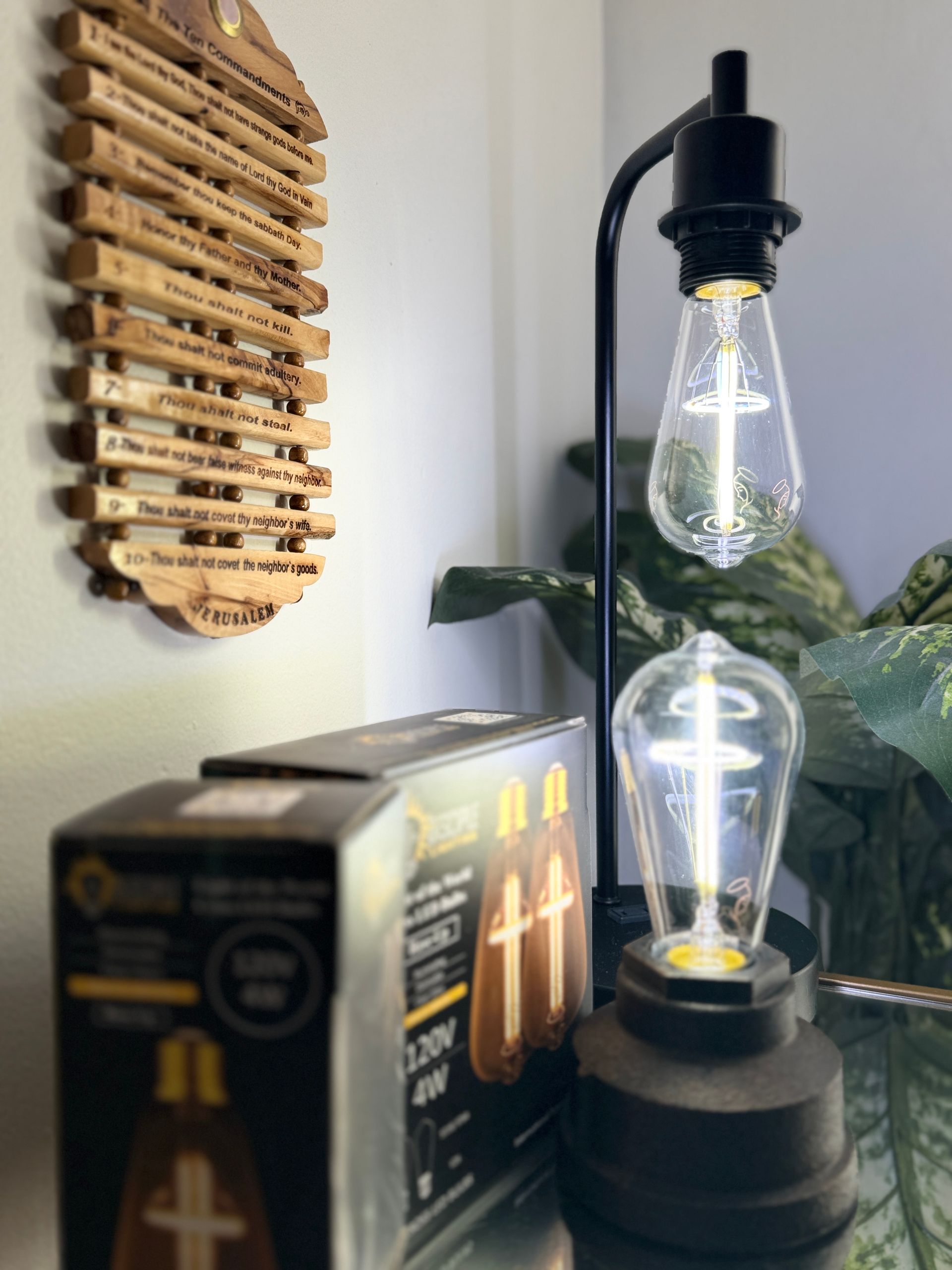 Black desk lamp with Edison bulbs next to a box of bulbs and wooden artwork.