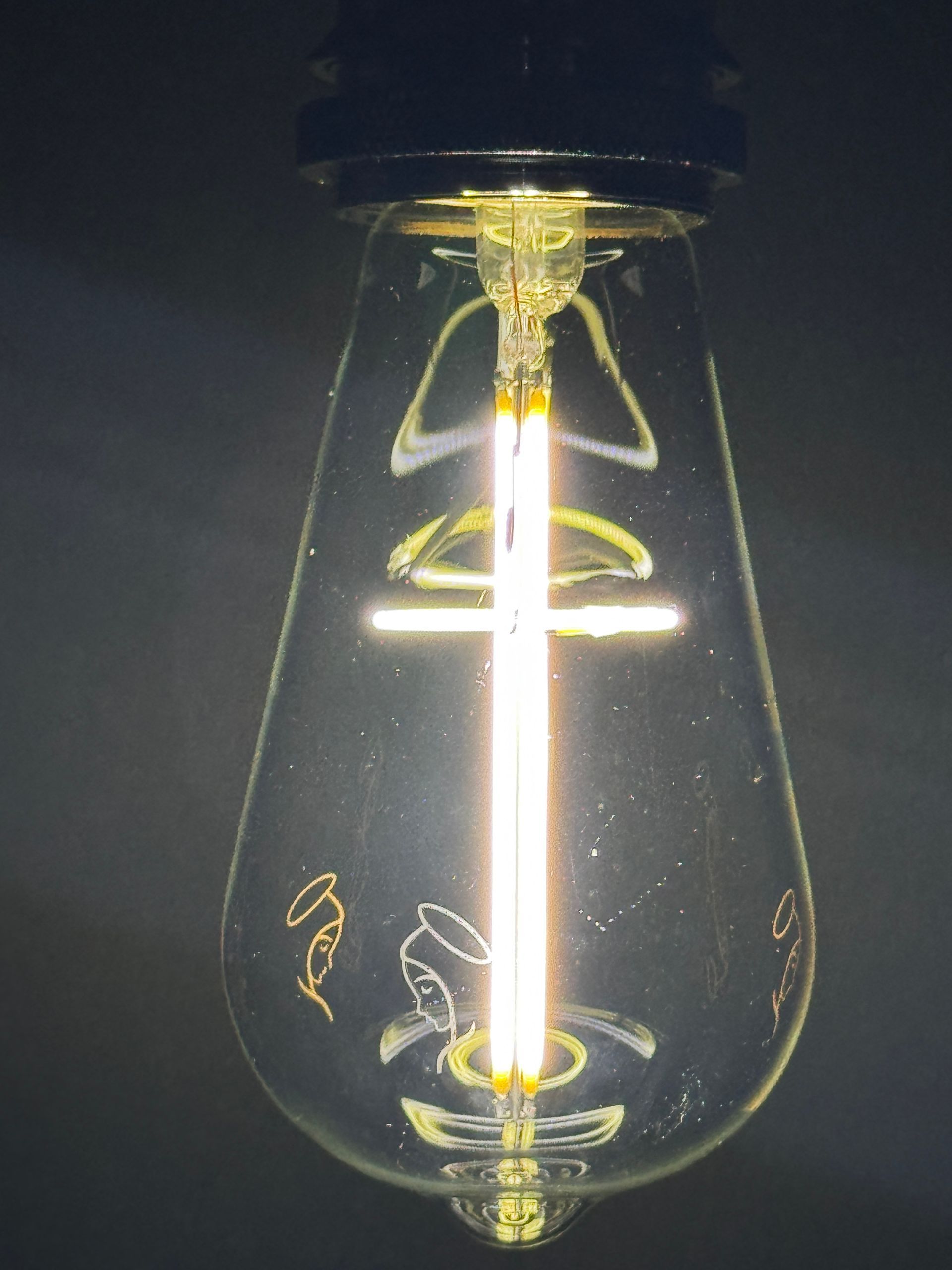 Lit Edison-style lightbulb with a vertical light filament, set against a dark background.